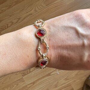 Vintage Ornate Faceted Red Crystal Goldtone Bracelet